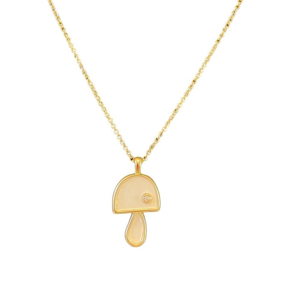Mother of Pearl Mushroom Gold Toned Pendant w/ Solitary Pave Crystal.